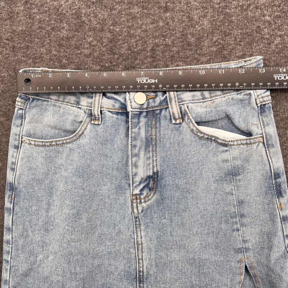 Shein Light Wash Denim Maxi Skirt High Waisted Side Slit Raw Hem Blue Size L - Picture 10 of 12